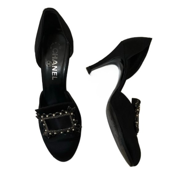 Chanel Black Satin 3.5" heels Gemstone buckle Size 36.5  (US size 6) - Picture 6 of 14